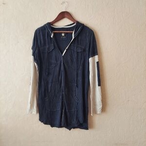 KIGCA button-up crinkle texture hooded long sleeve tunic top